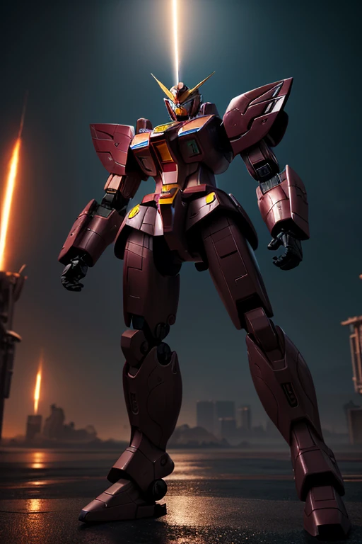 a violet gundam robot, samurai styling, staring up, low angle, lunar surface, raging battle in space, best quality, 8k, highres, masterpiece, ultra-detailed, realistic, photorealistic, HDR, UHD, studio lighting, ultra-fine painting, sharp focus, physically-based rendering, extreme detail description, professional, vivid colors, bokeh, mecha, science fiction, dramatic lighting, cinematic, powerful, striking pose, dynamic action, epic scale