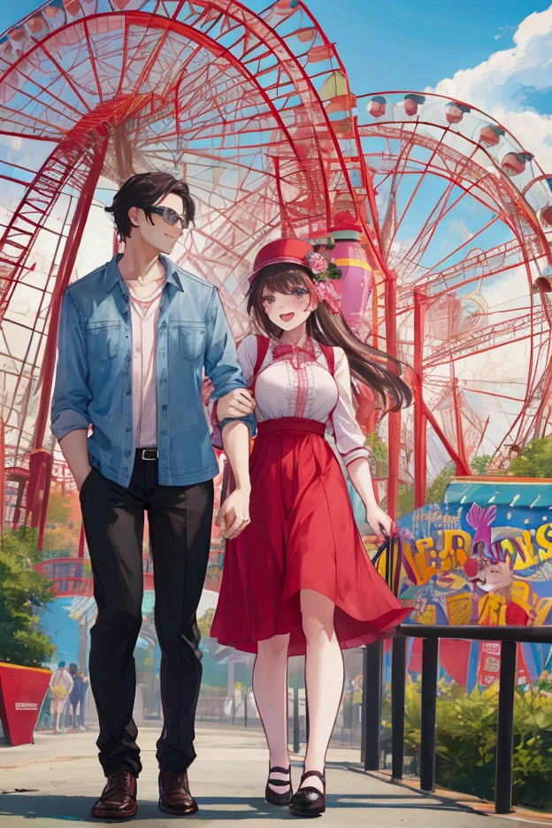 A man and a woman go to an amusement park.