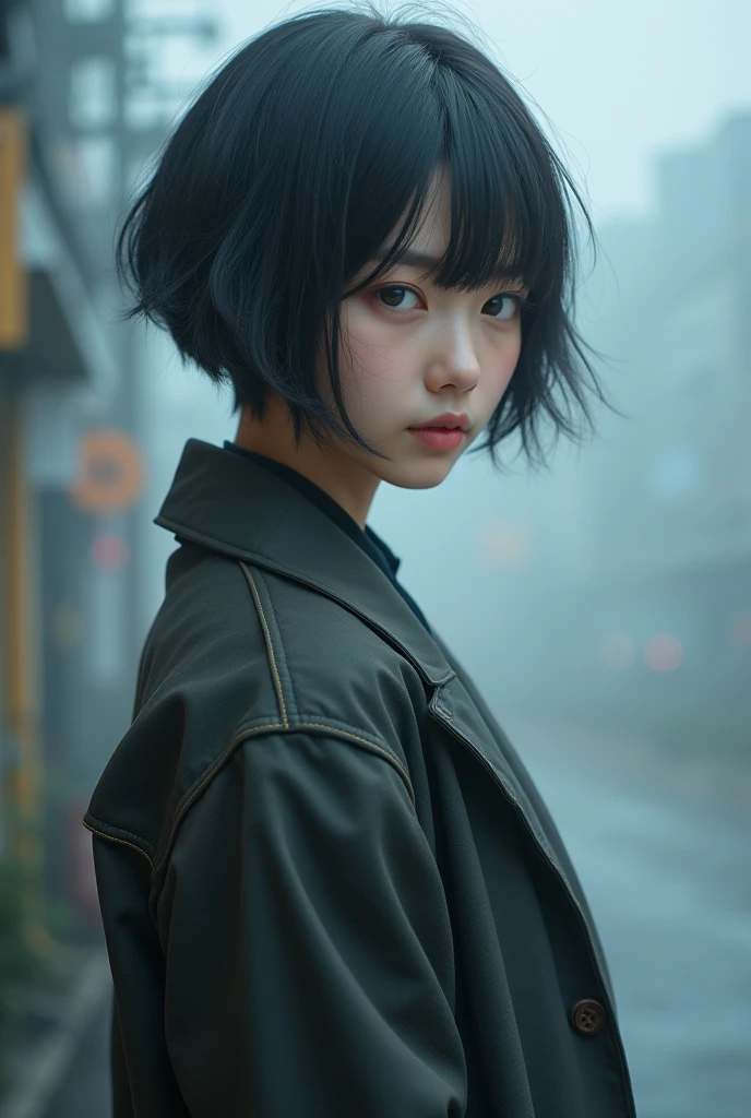 ((Best quality, 8k, Masterpiece :1.3)), 1girl, Pretty woman with emphasizing abs :1.3, (short cut hairstyles, Huge breasts),Ultra-detailed face, Detailed eyes, Double eyelid,((from the thighs up)),japanese,hyper realistic photography, Hyper Sharp Image, Hyper Detail Image,(short cut hair),((Mysterious Fog))