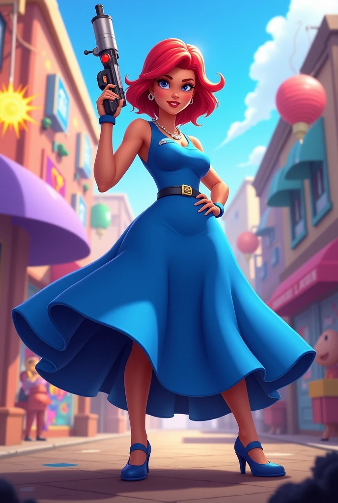 Create Brawl Stars Piper with blue dress, a gun disguised as an umbrella, with ass showing panties, and breasts with big nipples
