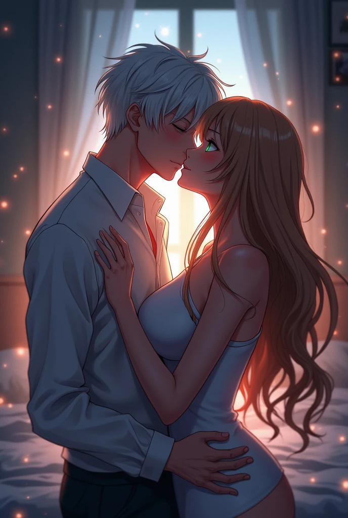 White haired anime man with blue eyes making out with light brown longhaired anime woman with green eyes and big tiddies, getting steamy and naked