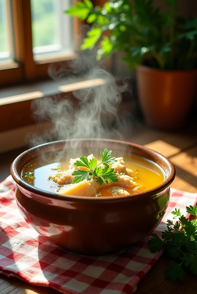 Bowl of boiling chicken broth


