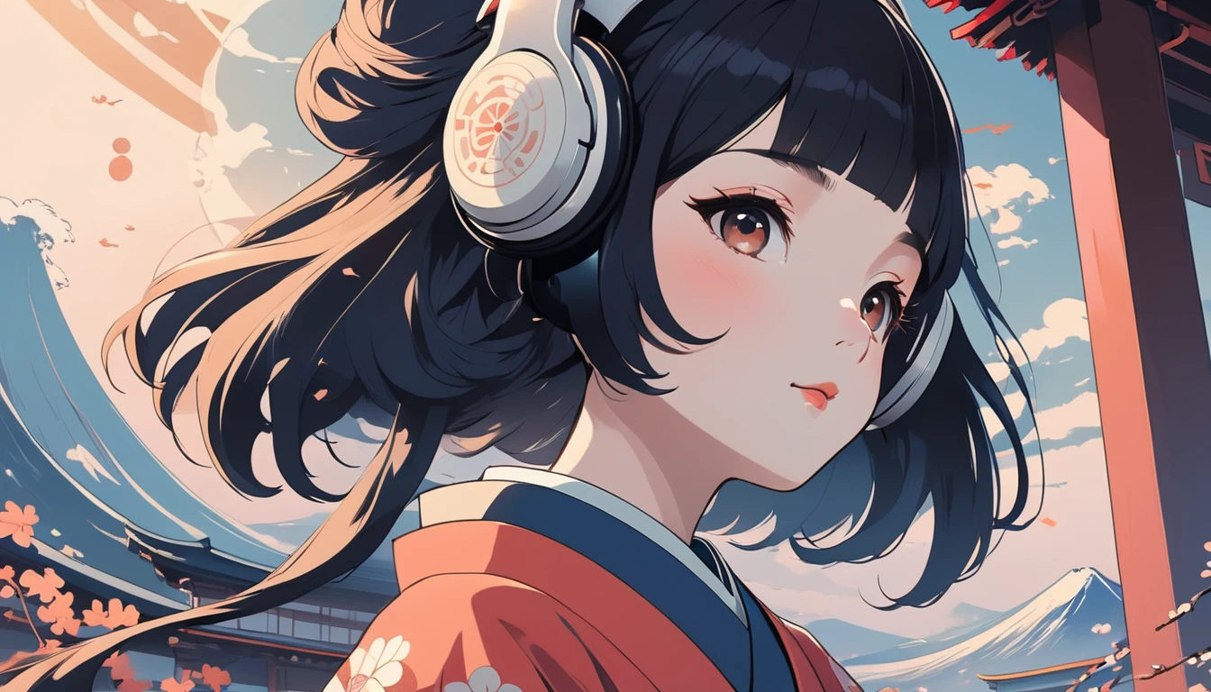 Japanese style headphones、geisha、The background is ukiyo-e、Wide-angle lens, Lofi Anime, Lofi illustration, Aesthetic atmosphere, Lo-Fi Style, Vector art, Flat Design, Simple shape, Warm tones, Pleasant atmosphere, Chill, In anime style, Digital drawing, Vector art, Vector logo for t-shirt printing, (Adorable:1.5), (small:1.4), (Playful:1.2), (soft:1.3), (Whimsical:1.1), masterpiece, Highest quality, 8k, Intricate details, grow, Celestial, Mysterious, Picturesque, amazing, Majestic, Magic, Fantasy art, Cover art, dream-like