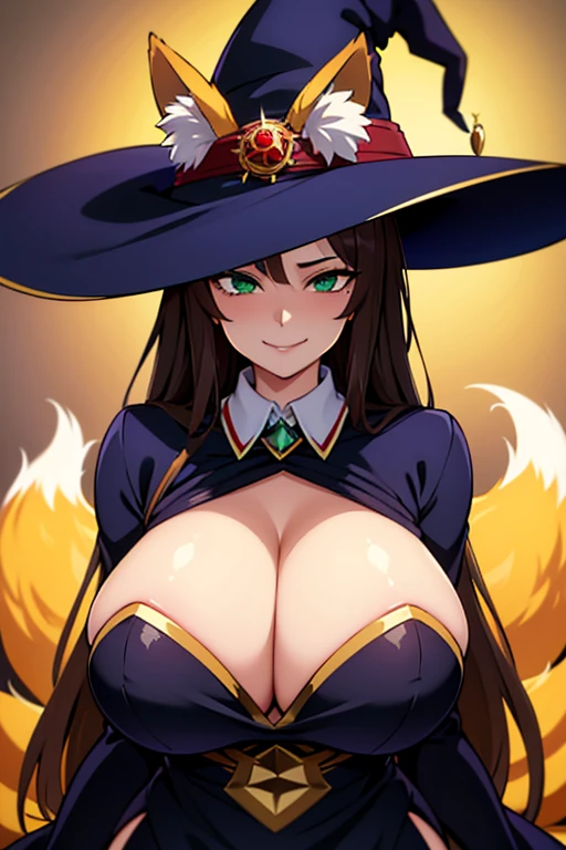 (Masterpiece, best quality, beautiful eyes, highly detailed, high res, anime), 1 girl, fox ears, fox tail, dark brown hair, green eyes, massive breasts, massive cleavage, witch, witch hat, witch dress, magic , sexy, mature woman, smugly smiling, smug,