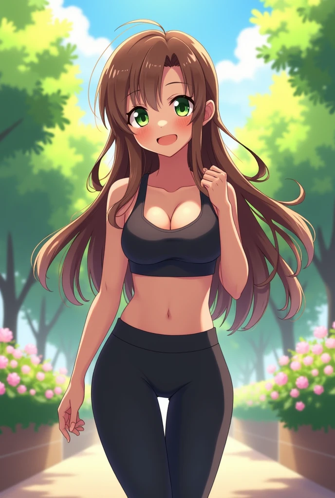 Long brown hair anime girl, with green eyes, appearance of 17, White skin, a little chubby, with gym clothes that fit her body, making her breasts and her butt stand out a little