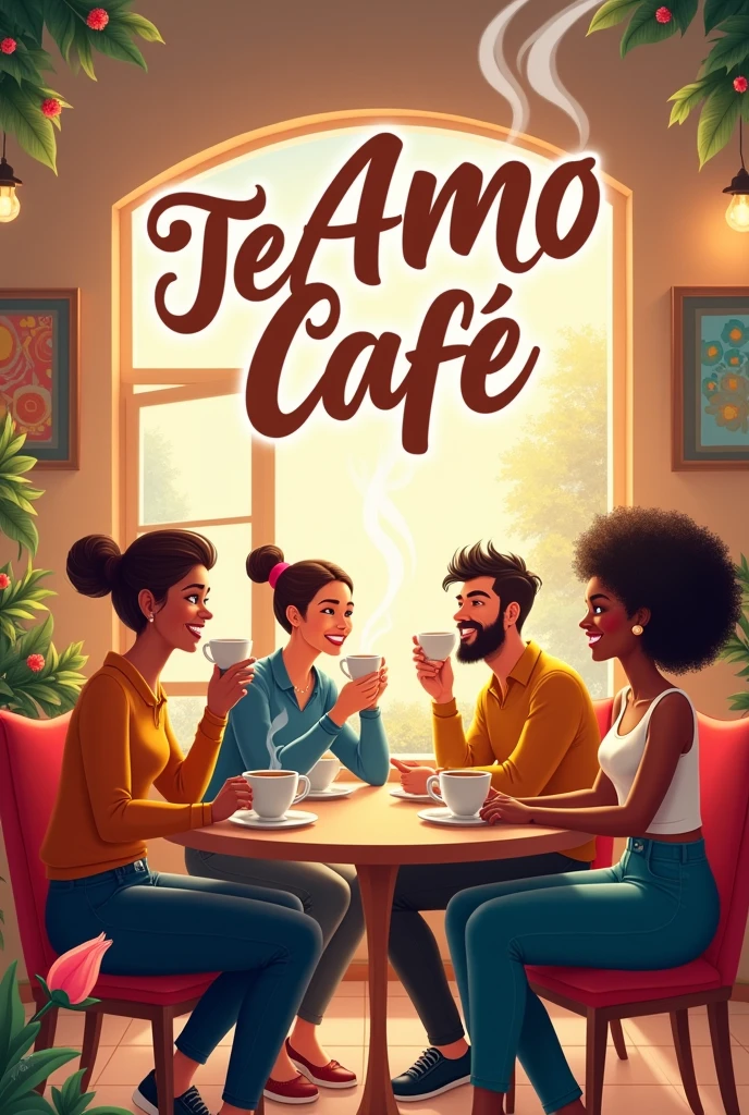 Create hd poster for Te amo Cafe grand opening on 21th August with cuppuccino drinking people background