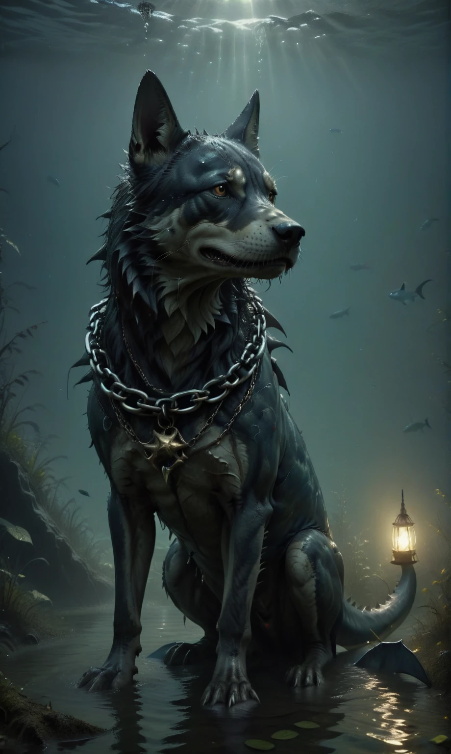 a creature with a dogs body and a shark head with a chain around its neck sitting in the water, in style of dark fantasy art, dark fantasy concept art, dark fantasy style art, photorealistic dark concept art, by Adam Marczyński, dark concept art, fenrir, dark cinematic concept art, dark fantasy art, dark fantasy illustration, creature design, guillem h. pongiluppi