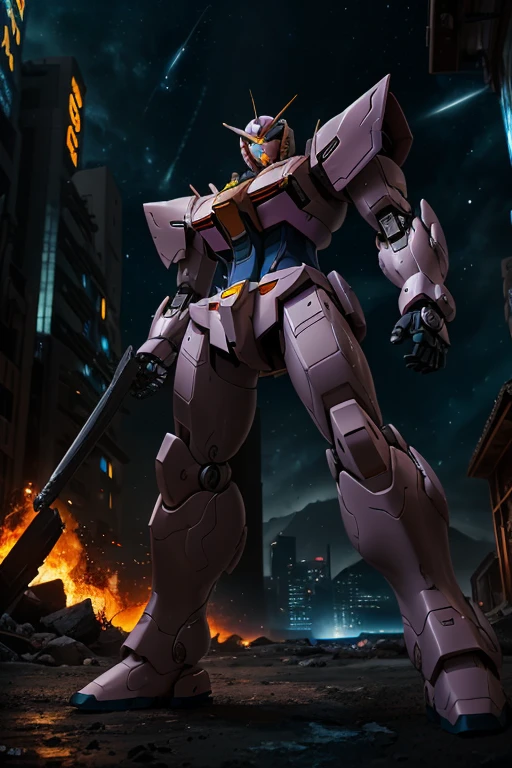 a violet gundam robot, samurai styling, staring up, low angle, lunar surface, raging battle in space, best quality, 8k, highres, masterpiece, ultra-detailed, realistic, photorealistic, HDR, UHD, studio lighting, ultra-fine painting, sharp focus, physically-based rendering, extreme detail description, professional, vivid colors, bokeh, mecha, science fiction, dramatic lighting, cinematic, powerful, striking pose, dynamic action, epic scale