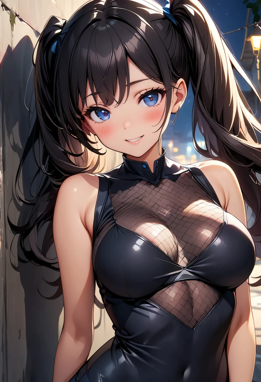 (Highest quality:1.24, Very detailed, Delicate and beautiful CG art, Detailed illustrations, Attention to detail, masterpiece:1.2, Highest quality, Best aesthetics), (((1 person))), JK, ((Body net:1.2, Gloss)), blush, smile:1.2, (Black Hair, High-positioned twin tails, Bust Shot:1.1, Front view, Random Pause, Friendly atmosphere, Glossのある髪, Beautiful Skin, Detailed face and eyes, Glossのある唇, Curvy Women, Slender body, Beautiful breasts:1.4, night, Leaning against a wall, Light and shadow with attention to detail, Background Blur.