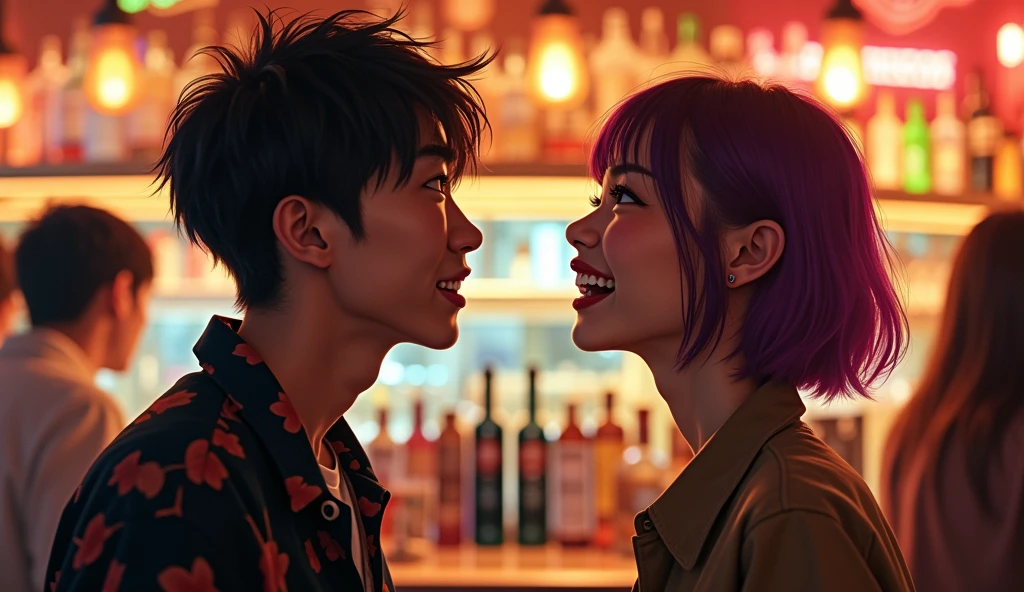 A male and female Japanese college student with short hair and stylish clothes are talking face to face with bright expressions,Excited, Photo of your face, With a bar in the background, with a natural look, With a slightly tired look, tilt your face a little, Diagonal orientation, Average face