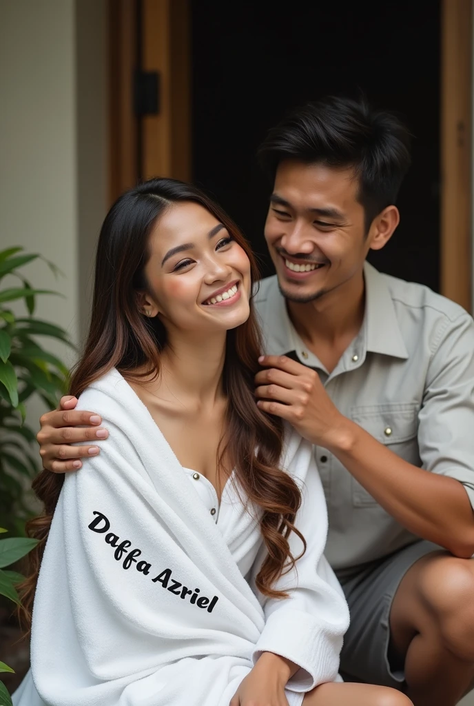 Photography of a beautiful Indonesian woman wearing a white towel with the words "Daffa Azriel", long wet brown hair sitting in front of handsome man, he was being helped by the man to look for lice in the woman's hair, They are smiling, Face facing forward, the simple house porch, Morning, full body face