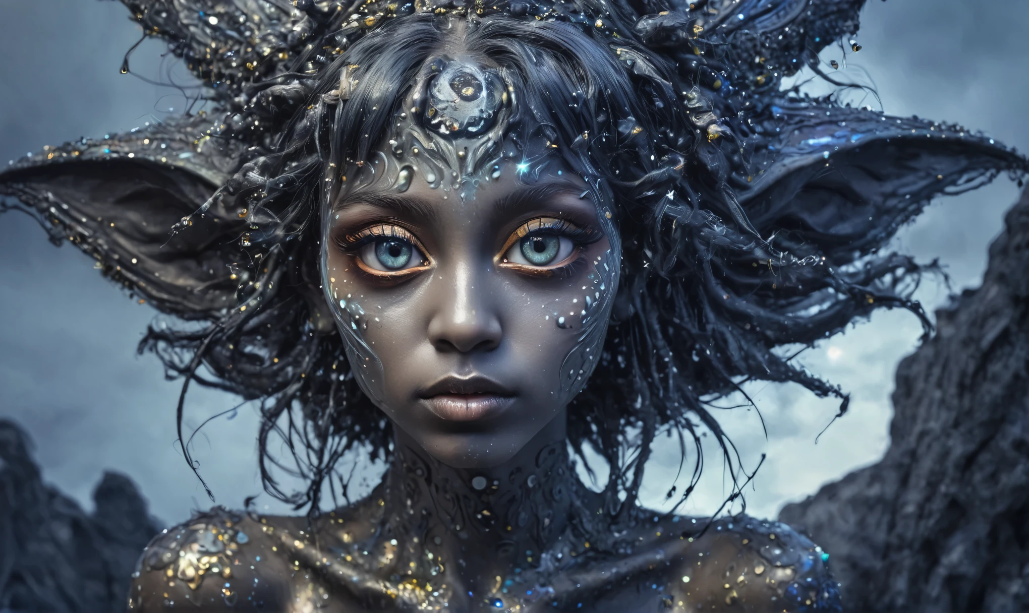 pretty face,eyebrow up,full body length shot,obsidian elf,full body length shot,very beggar niobium graphite The Alien Entity, , wants eat,full body shot, of psychedelic style ,The iris looks weird, attractive, The stars in space is reflected in the pupil, goose down eyelashes, long wavy luminescent hair,insane baggy clothes,view from height,full-body-shot,High contrast,Masterpiece,Realistic,Ultra Detailed,intricate details,realistic humid skin,extremly intricate,realism,photorealism, cinematic style,irina yermolova,HDR,((Wangechi Quality)),ominous landscape,glate gray atmosphere,by art Simon Stalenhag,Nicola Samori,(((Wangechi Mutu))),prime colors,urban,extremely detailed,masterpiece,intricate details,faded,eyes extremely detailed, high detailed eyes,4k resolution,RAW, Nikon Z9,scary town,stalker,goblin,Dubai of United Arab Emirates,Mestichino,Light particles,marble leather ,ink photography ,Mestichino,Light particles,chaos,favela