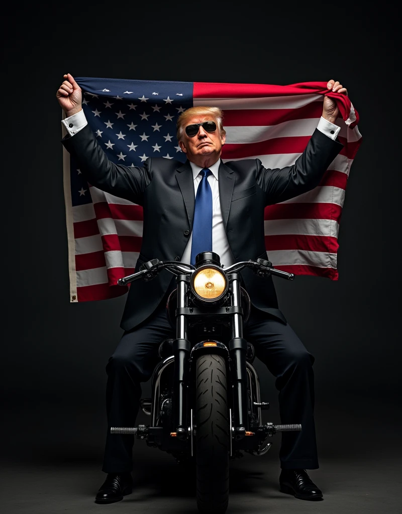 the background of the picture should be darkness. Donald trump either in a suit or the exact same outfit with the leather jacket. He should still be on the motorcycle. He must be wearing sunglasses. Lastly, he should be holding an American flag.