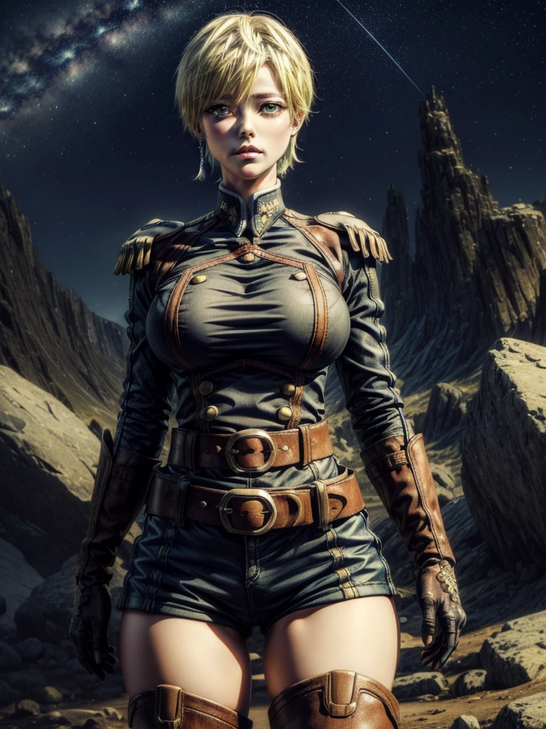 tenkaizumo, AMBER HEARD, short hair, blue eyes, blonde hair, smile, Large breasts, thick thighs, curvy hips
BREAK thighhighs, gloves, jewelry, earrings, boots, shorts, belt, uniform, military, military uniform, thigh boots, epaulettes,
BREAK outdoors, space, starry sky, star \(sky\), moon,
BREAK looking at viewer, (cowboy shot:1.5),
BREAK (masterpiece:1.2), best quality, high resolution, unity 8k wallpaper, (illustration:0.8), (beautiful detailed eyes:1.6), extremely detailed face, perfect lighting, extremely detailed CG, (perfect hands, perfect anatomy),