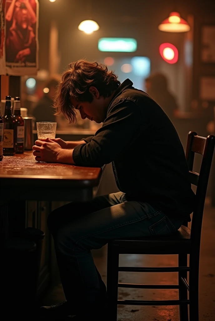 a man sitting at a table in a bar or pub, sad and drunk because he was betrayed, this man needs to be dressed in old 1990s clothes