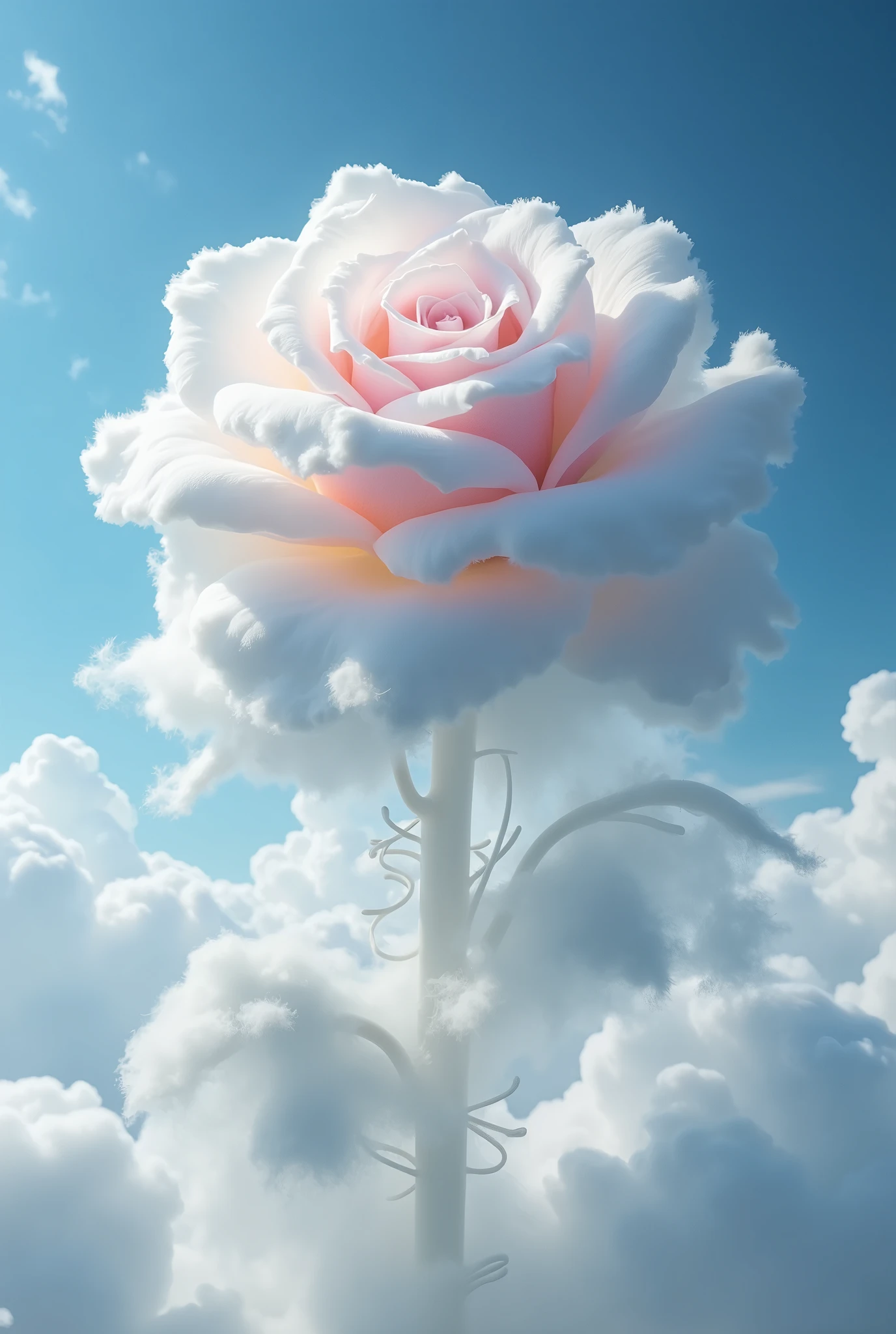 A rose made of clouds, floating in the sky, surrealism, fantasy style, high definition photography, hyper realistic rendering in the style of surrealism.