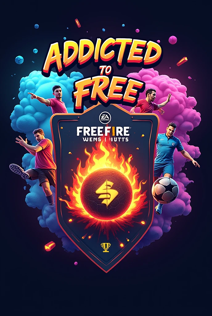 Create me a symbol that contains the free fire logo, the clash of clans logo and the fifa mobile logo, and a phrase that says addicted to free.