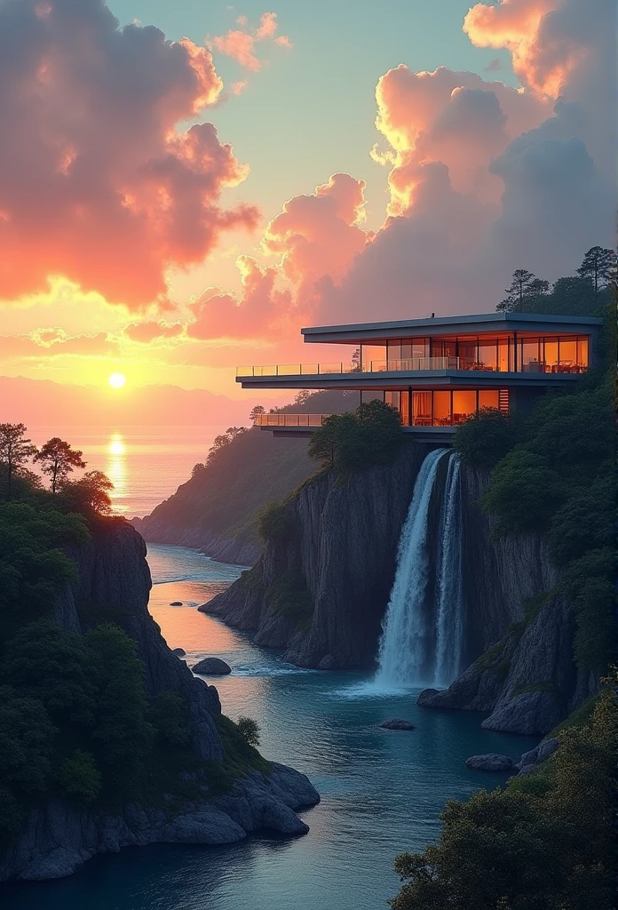 (((An amazing house))), (minimalism and brutalism style influence), (((with terraces))), (beautiful gardens), ((lake)), waterfall ((top of a samm hill)), (in edge of a river), sunset, big, deep and beautiful clouds, illustration format, cool and warm color palette, high contrast, hard shadows (Masterpiece, highest quality), (Exquisite lighting and shadow, highly dramatic picture, Cinematic lens effect), (((Simon Stålenhag visual style)))