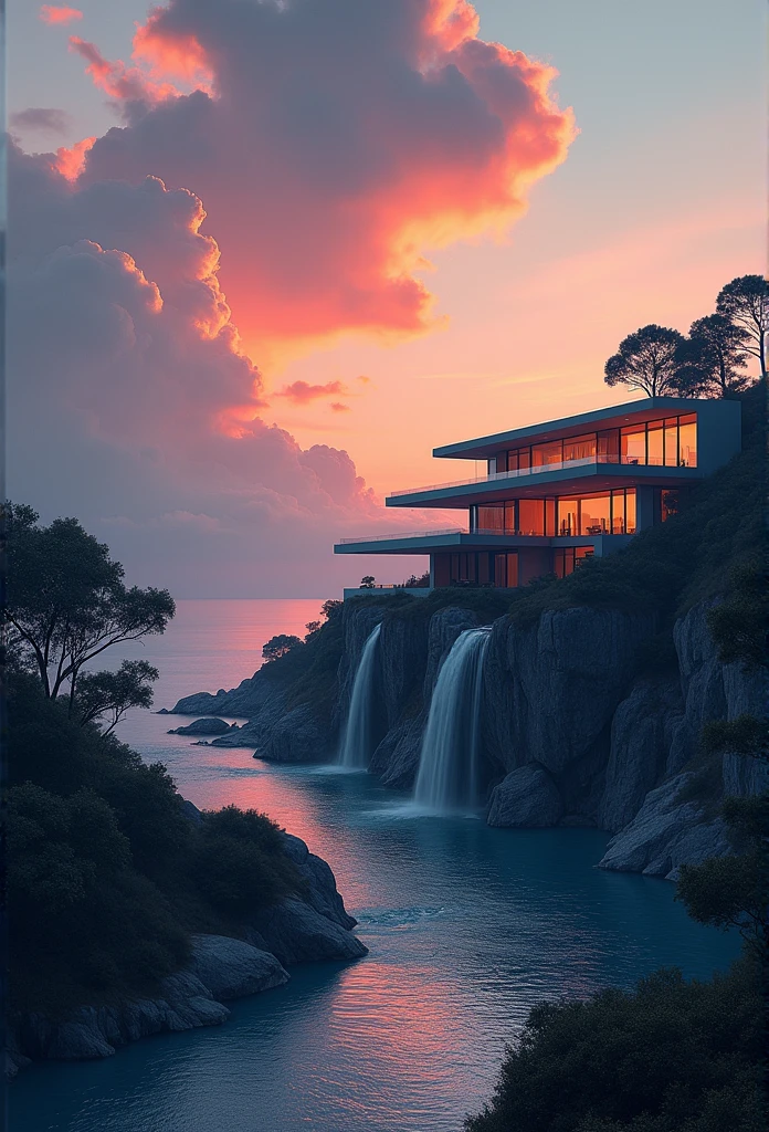 (((An amazing house))), (minimalism and brutalism style influence), (((with terraces))), (beautiful gardens), ((lake)), waterfall ((top of a samm hill)), (in edge of a river), sunset, big, deep and beautiful clouds, illustration format, cool and warm color palette, high contrast, hard shadows (Masterpiece, highest quality), (Exquisite lighting and shadow, highly dramatic picture, Cinematic lens effect), (((Simon Stålenhag visual style)))