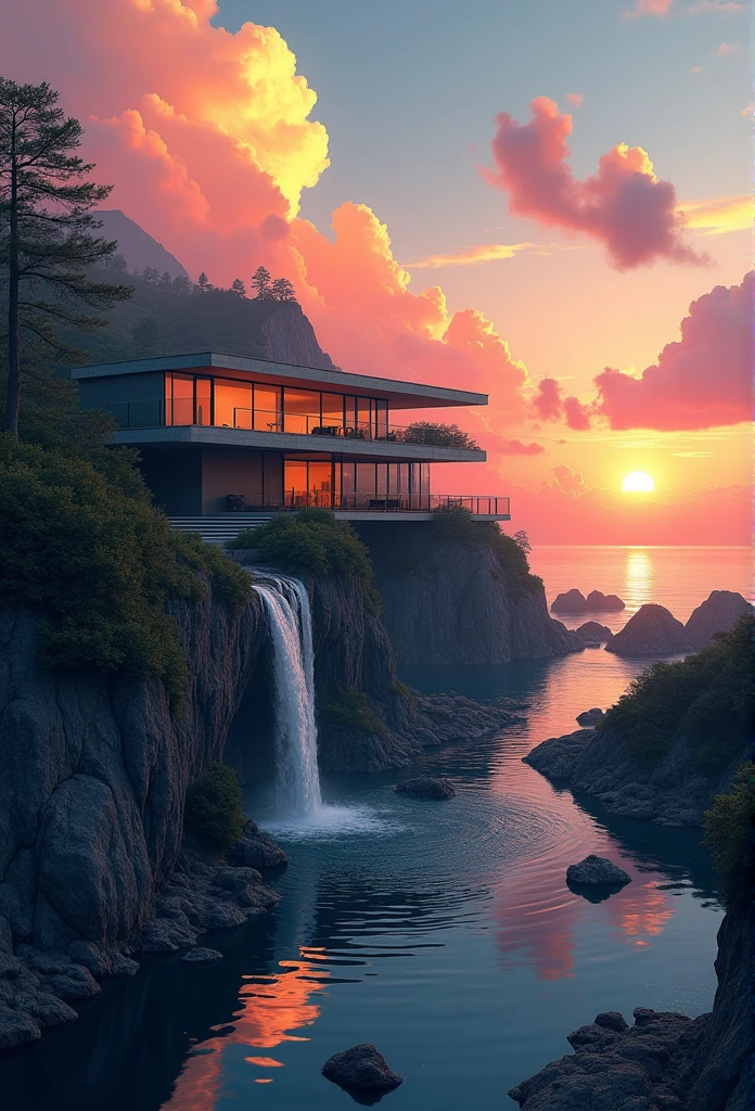 (((An amazing house))), (minimalism and brutalism style influence), (((with terraces))), (beautiful gardens), ((lake)), waterfall ((top of a samm hill)), (in edge of a river), sunset, big, deep and beautiful clouds, illustration format, cool and warm color palette, high contrast, hard shadows (Masterpiece, highest quality), (Exquisite lighting and shadow, highly dramatic picture, Cinematic lens effect), (((Simon Stålenhag visual style)))