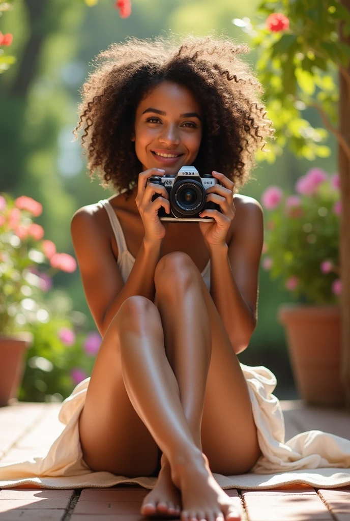 A brunette girl with curly hair and big breasts sits with her legs stretched out, taking a realistic photo