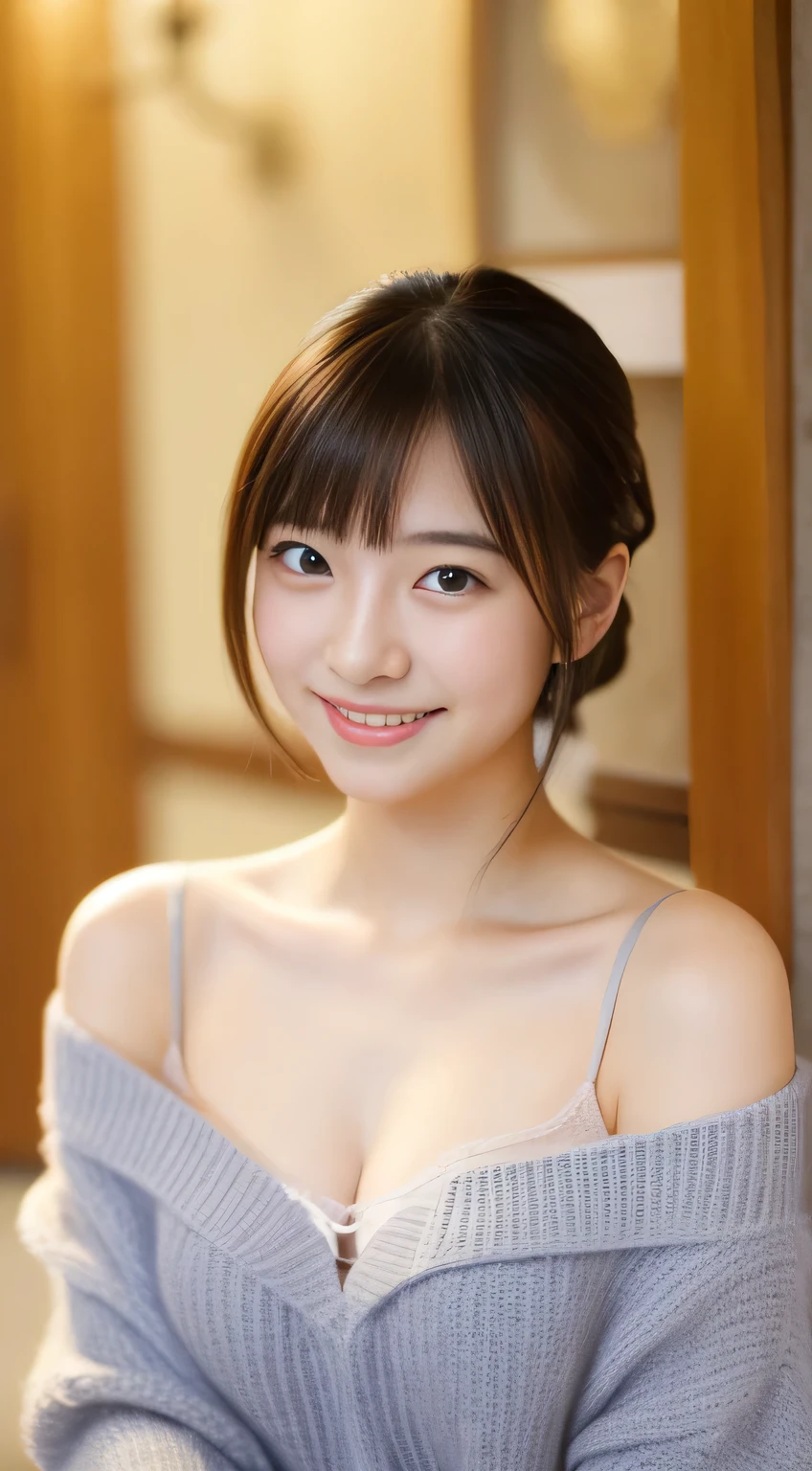 masterpiece,best quality,(Japanese girl),((Beautiful girl)),cleavage,(off shoulder:1.2),(perfect body beauty:1.2),(shy smile),From slightly above