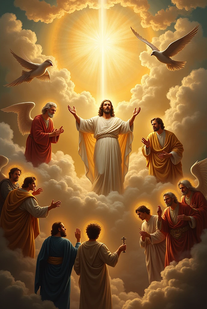 Make an image of the holy trinity together with angels and saints