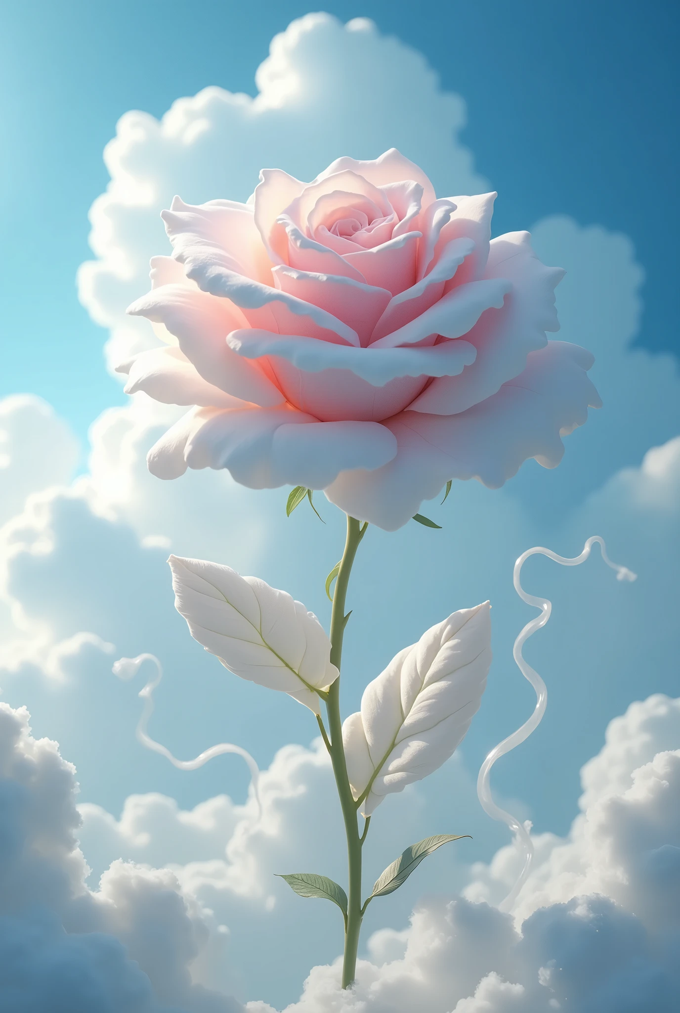 A rose made of clouds, floating in the sky, surrealism, fantasy style, high definition photography, hyper realistic rendering in the style of surrealism.