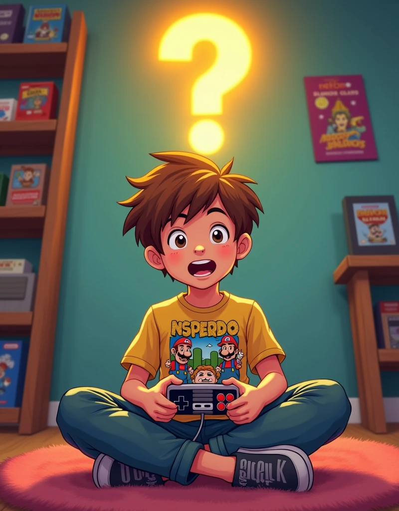 Create an avatar of a boy playing a Super Nintendo. The boy should be sitting, holding a classic Super Nintendo controller, focused on the game. Above his head, place a bright yellow glowing question mark, symbolizing curiosity or wonder. The overall style should be playful and capture the essence of retro gaming.