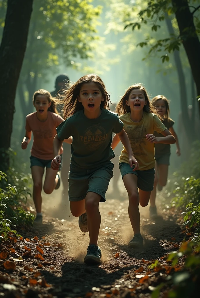 (photorealism:1.2), three girls and three boys are in the forest chased by some strangers.