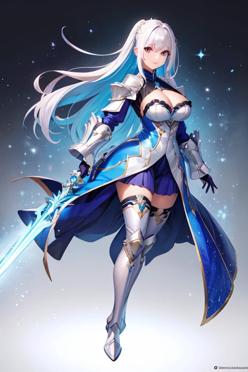 Highest quality, A seductive smile, Luxurious Armor,Gorgeous metallic long boots,Big Breasts,He is holding the hilt of a beautiful large sword