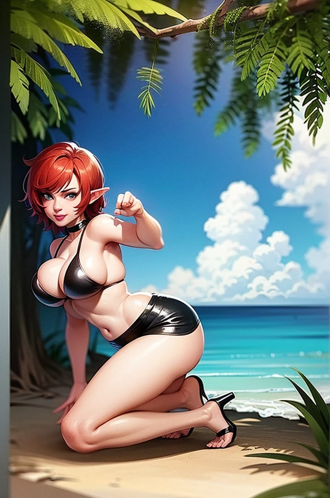 1girl, female mature elf, curvy body build, short red hair, blue eyes, black leather bikini top, stomach exposed, black leather bikini bottom, black stiletto high heels, seductive smile, seductive pose, kneeling on sandy beach, full pouty lips, front view, head tilted towards viewer