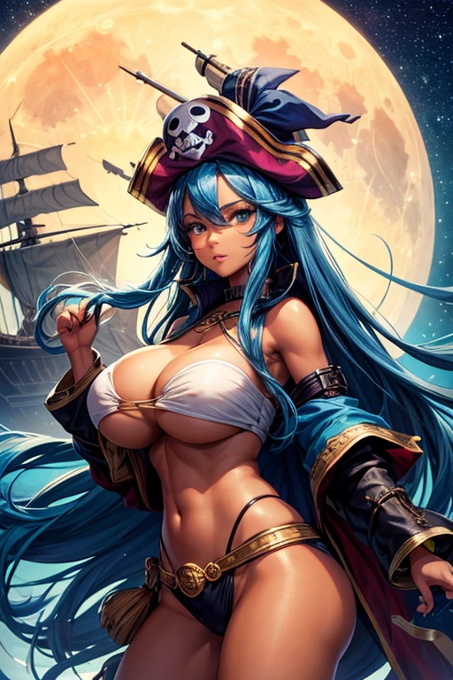 Beautiful girl, big boobies, pirate outfit, long blue hair  , tan skin tone, na proa do navio, looking at the starry sky and full moon 