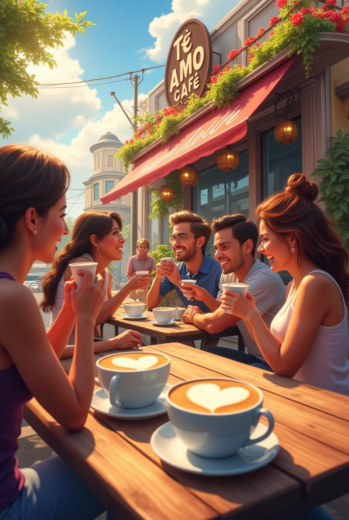 Create hd poster for Te amo Cafe grand opening on 21th August with cuppuccino drinking people background
