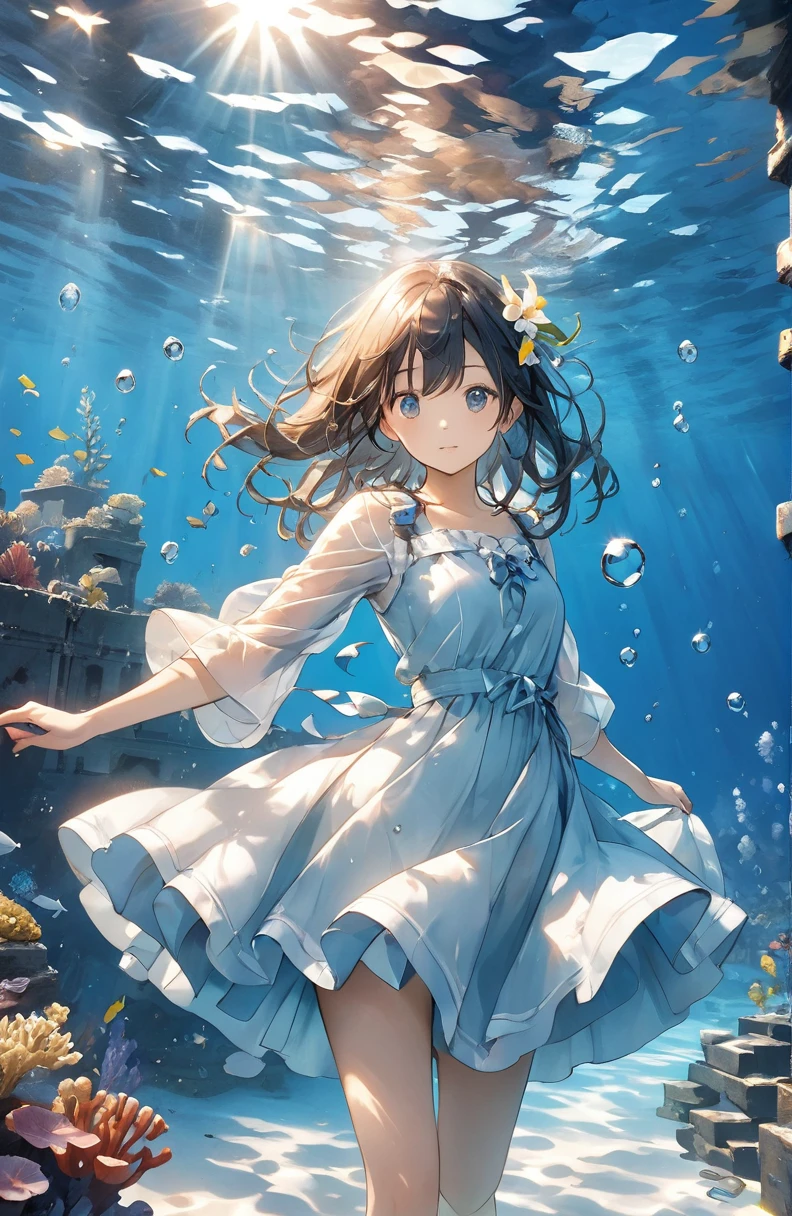 Beautiful girl、Mystical Feelings、cute１７of age、Underwater walking,Underwater Walking、Underwater swimming、超High resolution, High resolution, 4K, 8k,close,Sunken Ruins、Girl in the water、water、surrounded by bubbles、A world of deep blue、 Working with deep blue shades