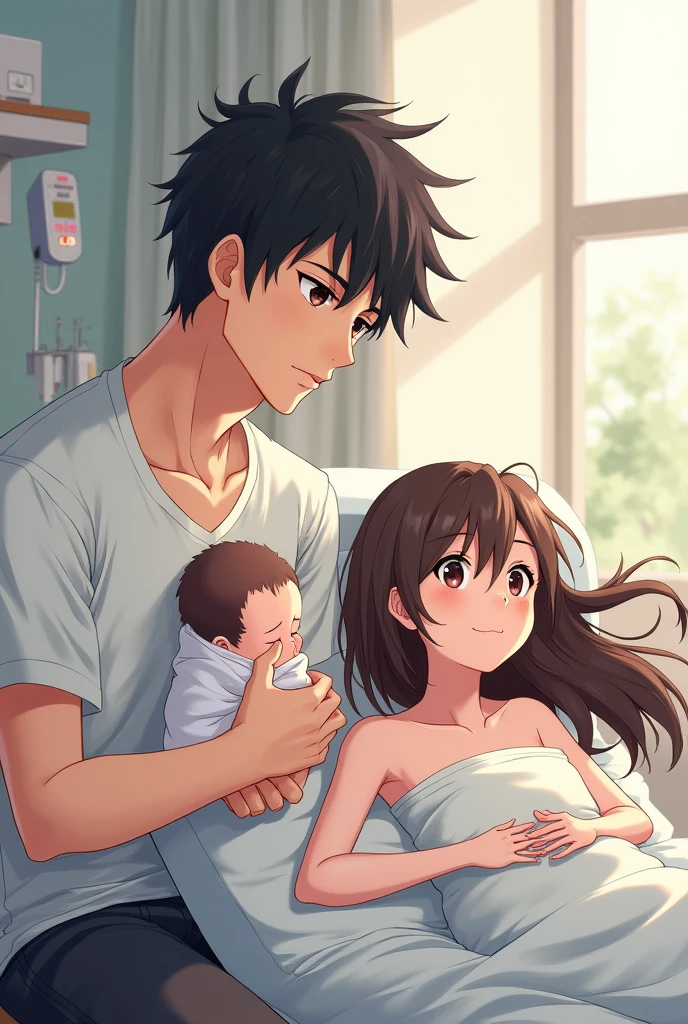 An anime man with black hair and dark maroon Eyes and he is sitting on a small stool which is next to a hospital bed and he is holding a baby and on the bed is laying an anime woman with long middle brunette hair and dark brown eyes and they are in a hospital