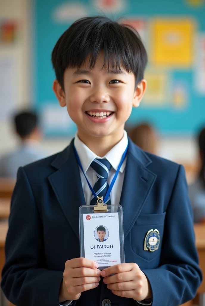 8K HD RAW color photos Professional close-up photos, Close-up of a -yeld Chse male student in school uniform,Holding student ID in both hands,Smiling at the camera,