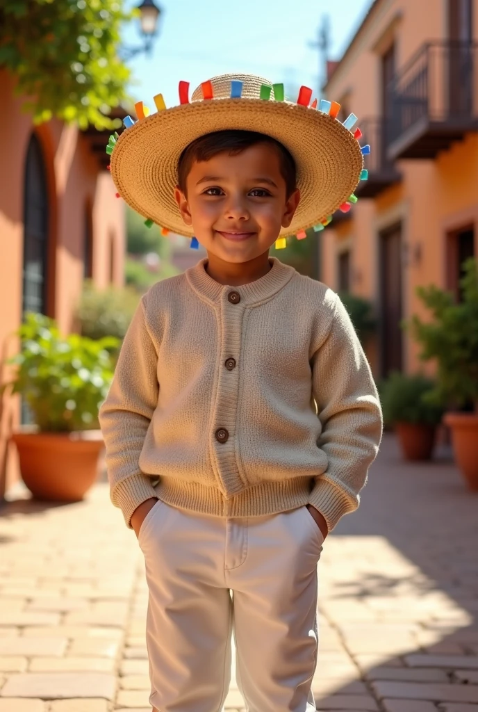 (photorealism:1.2), Boy with white pants and white sweater and straw hat from colonial times in Mexico