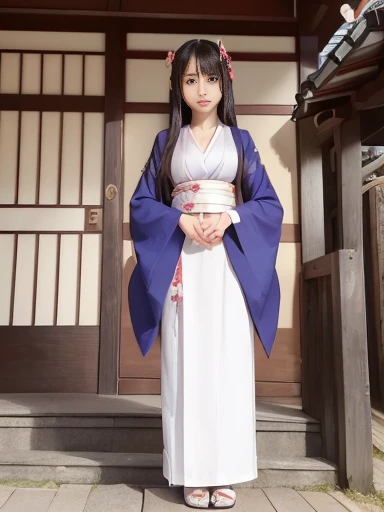Japanese female, (underweight), (flat chest best quality:1.5), 30 years old, shrine, standing, straight hair, (shrine maiden clothes), full body shot