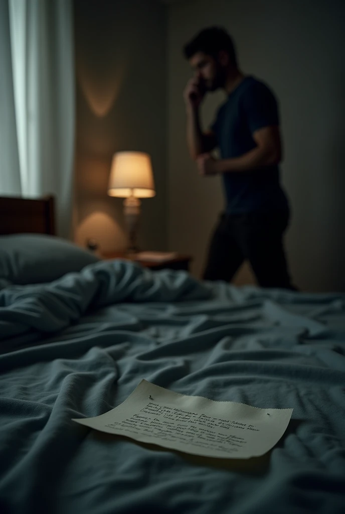 A woman hide under the bed , her husband noticed it and talking in cellphone ,where there is a piece of note on the bed