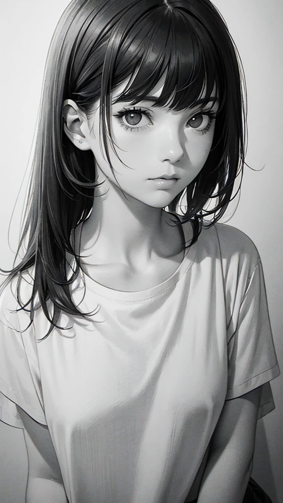 1girl, solo, monochrome, greyscale, short black hair, portrait, T-shirt, closed mouth, looking at viewer, sketch, graphite \(medium\), small lips, hatching \(texture\), without makeup, bangs, upper body, (best illustration), (best quality), (very detailed), (masterpiece),