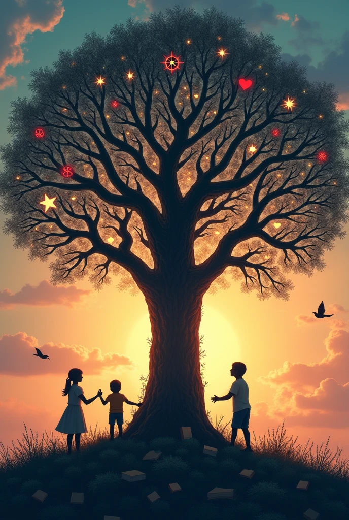 Create for me a picture with a background of a tree with branches around which there is a symbol of a compass, heart, children, books and on the background create for me one hand reaching out for help and a second hand holding it.