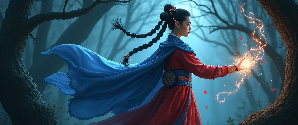 An elven mage with the appearance of Chun-Li, with a lush bust in a dark and gloomy forest. She wears her traditional hairstyle of buns and braids, with a flowing blue cape and a red babydoll with mystical symbols. Ribbons of magical energy wrap around her arms as she casts a powerful spell. The atmosphere is filled with deep shadows and twisted branches.