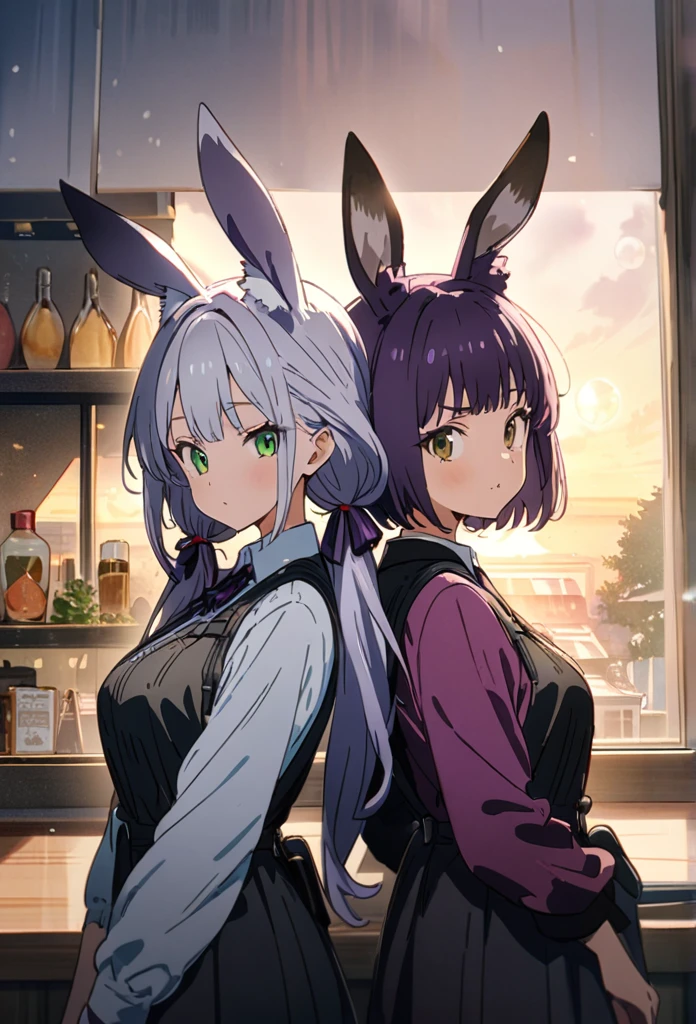 Fighting, glaring at each other, two people facing each other, puffing out cheeks, anger, sunglasses, neat school swimsuit, thick eyebrows, leather backpack, huge backpack, carrying heavy weapons, (dark skin: 1.3), black gloves, brown skin, movie lighting, small, beautiful light pink hair, rabbit ears, (masterpiece), ((highest quality)), (super detailed), glossy skin, full body anime girl, two girls, Clean and detailed anime face, high-resolution anime eyes, five fingers, textile shading, perfect human structure, perfect ???????,