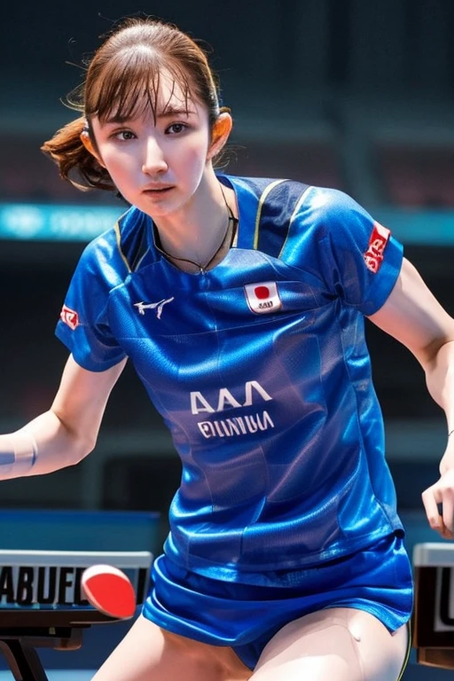 (Highest quality,8k,High resolution,Masseter muscle area:1.2),Very detailed,Realistic:1.37,Portraiture,Dynamic Angle,(woman　Table tennis　player,Table tennis) ,Teenage Girl,Small Head,cute,sporty,Attractive face,Detailed beauty face,Extremely realistic skin,Wet Skin,Sweat,(Photograph from head to thigh:1.4)、Small breasts,Tight waist,Beautiful legs ,sporty,Table tennis会場　Table tennis　,Cinema Lighting,(肌に密着するTable tennisユニフォーム、Sheer Uniform)、Table tennisのポーズ、