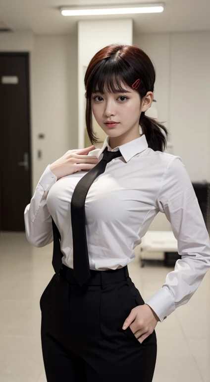 Highest quality、Ultra-high resolution、Professional Lighting、Detailed Background、workroom、full body,Kobeni-chan、A sloppy smile、25-year-old woman、beautiful girl、(Kobeni-chan、Jet black hair, Black Hair, bangs, One-sided hair,)、(Red Hair Clip:1.1)、(White shirt:1.2)+(Black tie:1.2)+(black long pants for work:1.2)、(Huge breasts that look like they might burst:1.2)、(Big thighs:1.1)、Are standing、Model pose