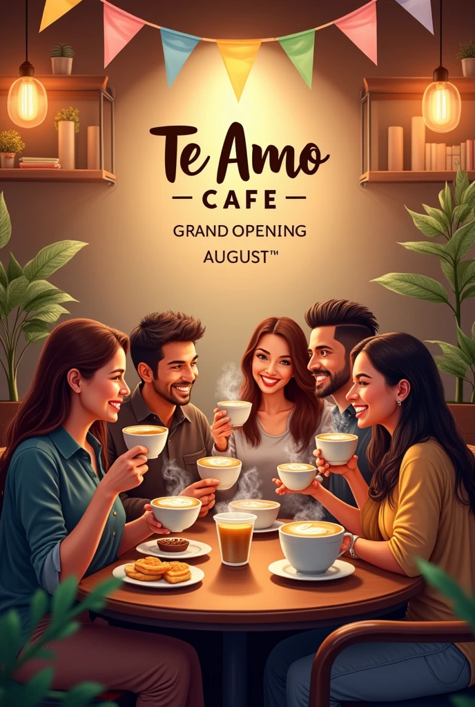 Create hd poster for Te amo Cafe grand opening on 21th August with cuppuccino drinking people background