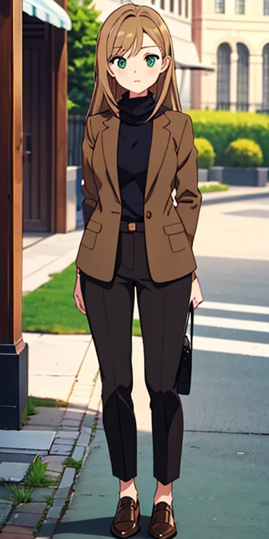 Full body, beautiful eyes , 1 girl  , full body , cute girl , anime style , cute eyes  , (standing up) , (Age: Mid-40s
Hair: Long, dark green, usually worn in a practical yet elegant style
Eyes: Warm brown
Attire: Olivia often dresses in professional but approachable attire, such as a tailored blazer and trousers, with a preference for earth-toned colors to reflect her connection to nature.) , 