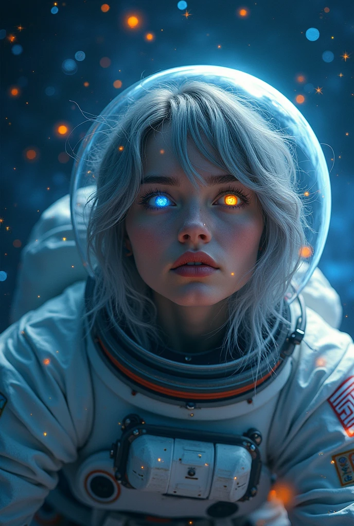 A closer look at a better masterpiece：1.5)0.9]、(Space and astronauts：1.2) (Disheveled silver hair：1.1) (Heterochromia and Yellow and Blue Eyes：1.2) (Space Helmet：1.0) (Colored stars in the eyes：1.0) (Shining Light：1.1) (Thick lips：0.9)