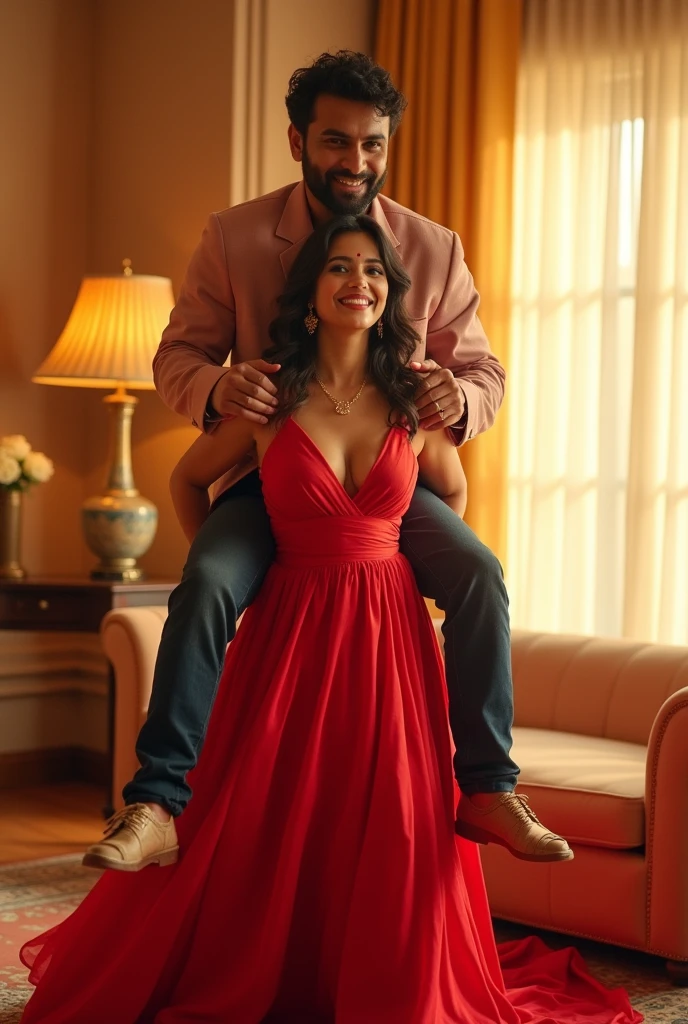 Create a realistic photograph of a smiling and beautiful indian actress in red satin carrying a large man on her shoulders in a room, man is sitting on top of her shoulders , man on top, woman at bottom